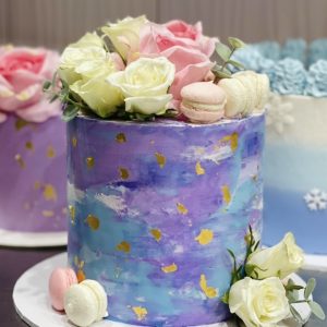 Flowers and Macarons Cake Purple & Blue