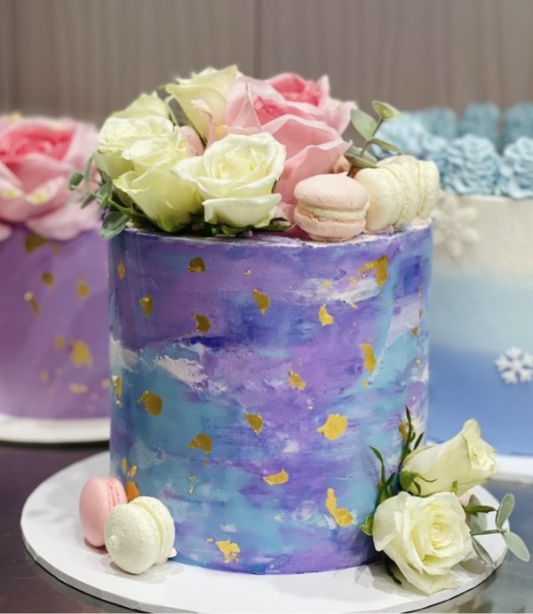 Flowers and Macarons Cake Purple & Blue