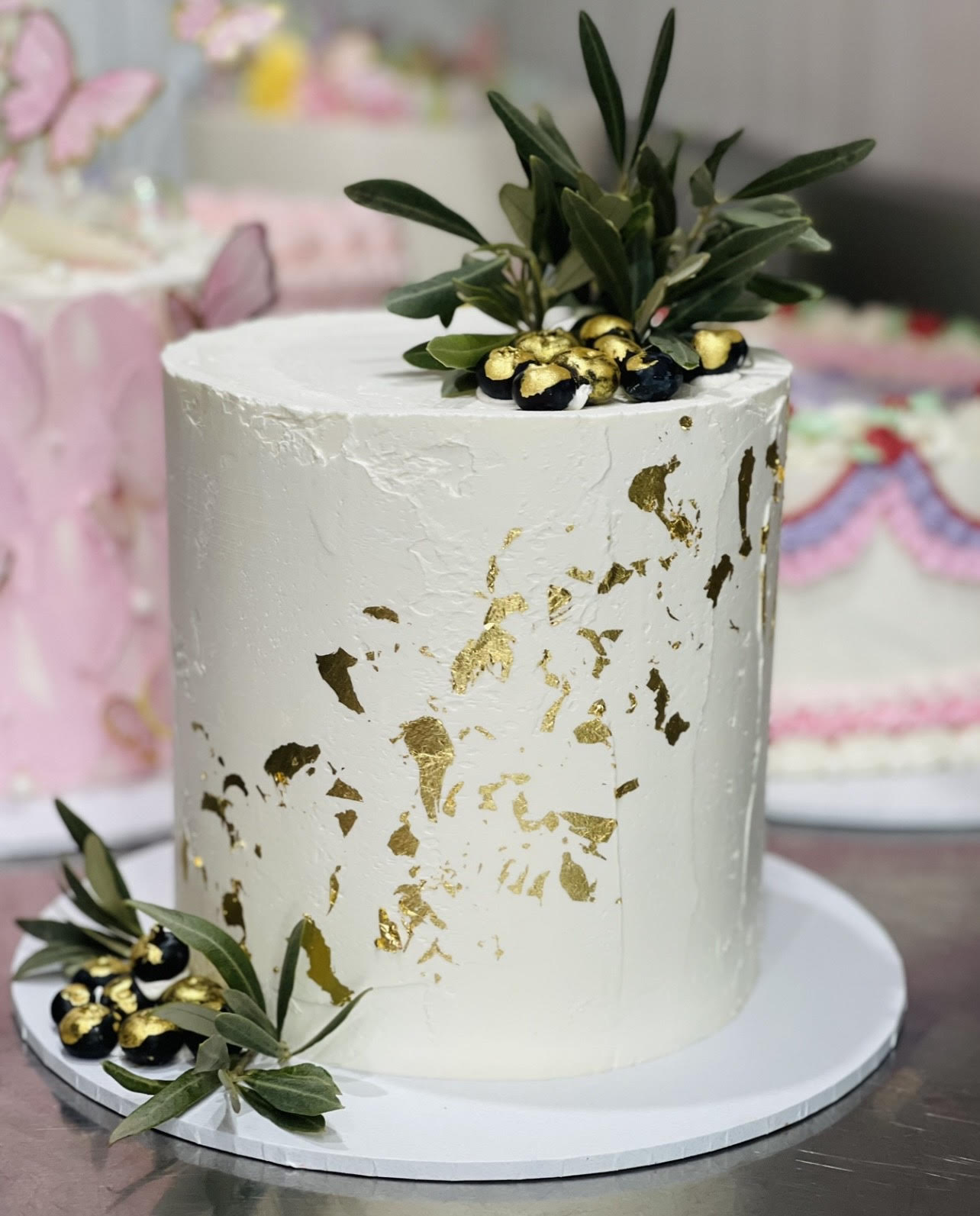 Textured Buttercream Cake With Golden Berries Olive Leaf Sugar Textured Buttercream Cake With Golden Berries Olive Leaf Sugar