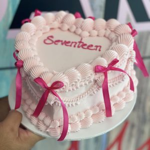 Baby Pink Heart & Hot Pink Ribbon Cake