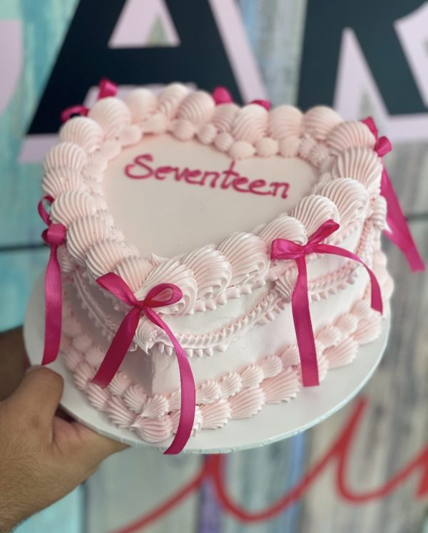 Baby Pink Heart & Hot Pink Ribbon Cake