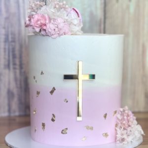 Pink and White Ombre with florals and Cross