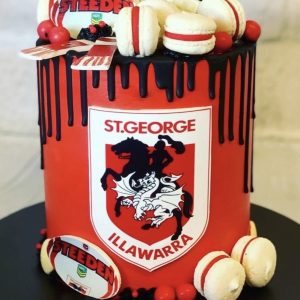 Dragons Footy Cake with drip, macarons & Chocs