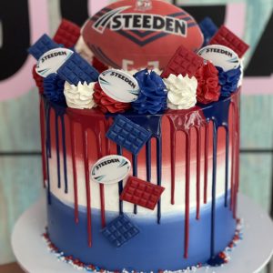 Roosters Footy Cake with drip & mini footballs